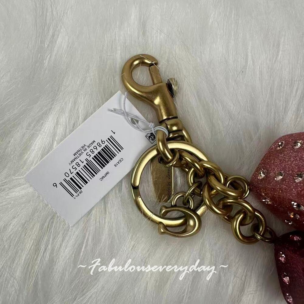Coach Dice Bag Charm With Keyring Key Chain In Gold/Pink Multi CEA16 NWT - Picture 4 of 4